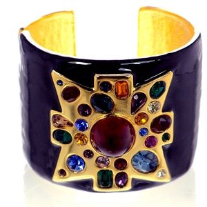 Kenneth Jay Lane Black Enamel Cuff with Gold Starburst and Multicolor Stones